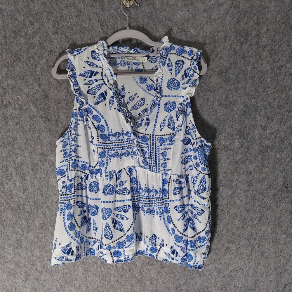 Vineyard Vines Women Cotton Sea Shell Ruffle Tunic L Blue Coastal Lightweight